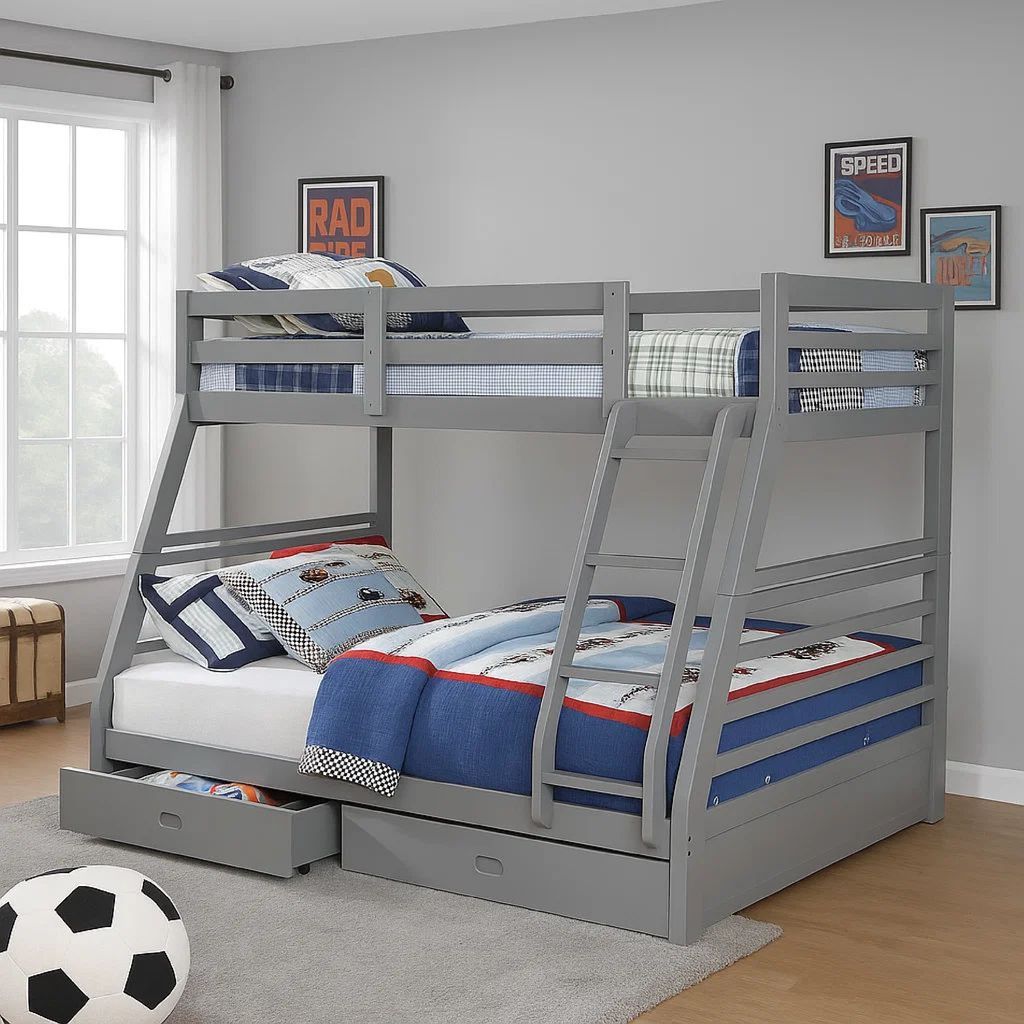 Transitional Twin Over Full Bed with Attached Ladder and Drawers, Dark Gray - View 7