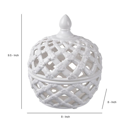 Decorative Ceramic Lidded Jar with Flower Motif Exterior, Small, White - View 4