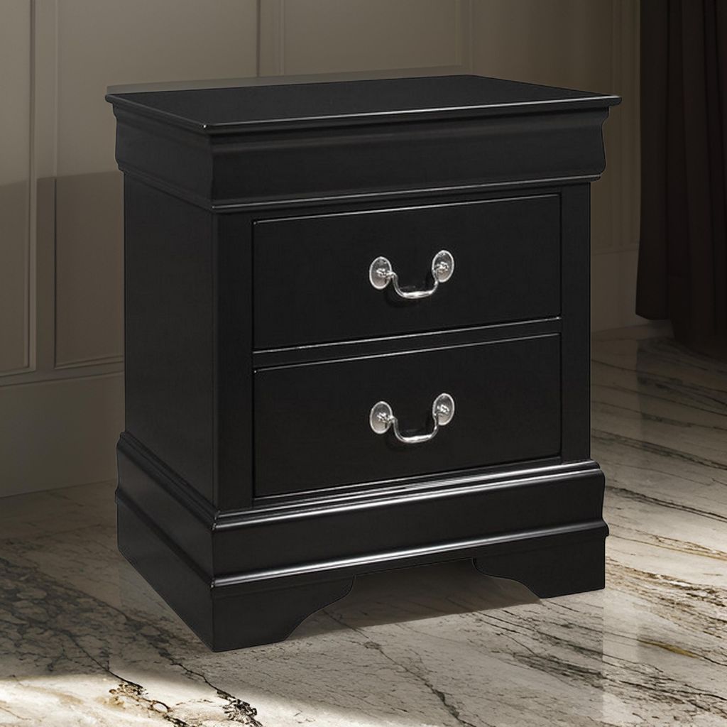 2 Drawer Wooden Frame Nightstand with Antique Metal Pulls, Black - View 7