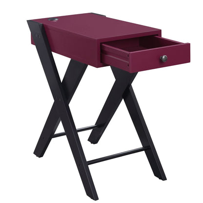 Wooden Frame Side Table with X Shaped Legs and 1 Drawer, Purple and Black - View 3