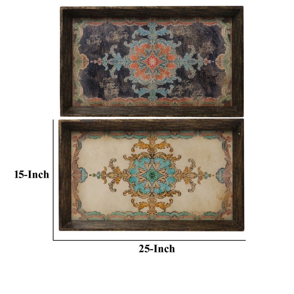 25 Inch Wood Tray, Vintage Style, Distressed Brown Wood Frame, Set of 2 - View 5