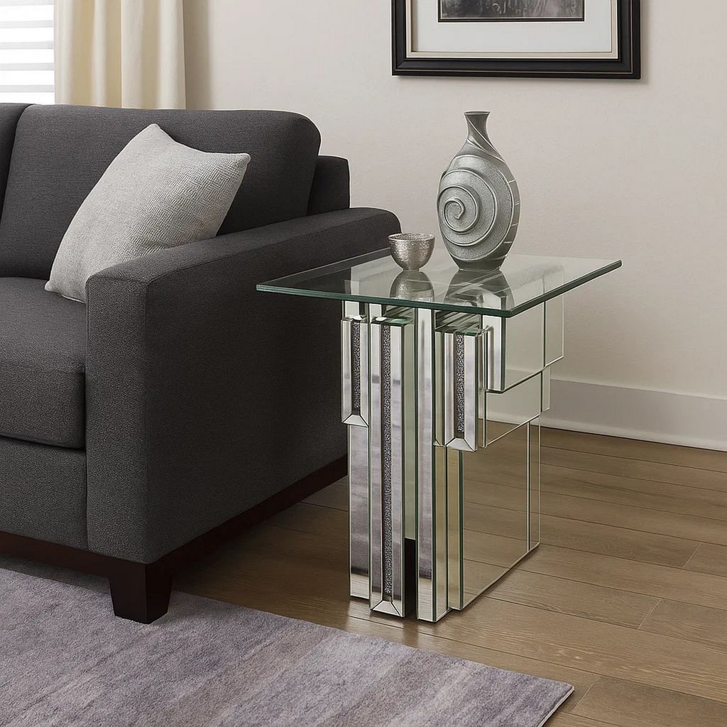 Glass Top End Table with Mirror Panels and Faux Gemstone Accents, Silver - View 7