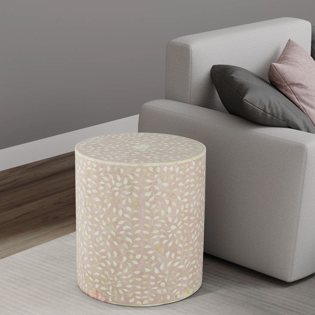 20 Inch Round Side End Table, Filigree Bone Inlay, Wood, Pale Pink, White - View 7