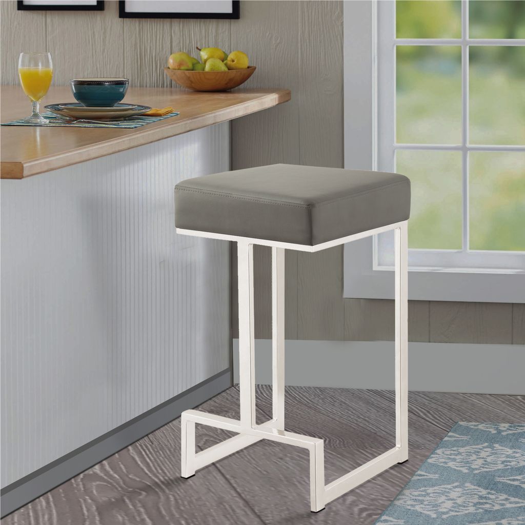 31 Inch Modern Bar Stool, Vegan Faux Leather, Backless, Chrome, Silver - View 6