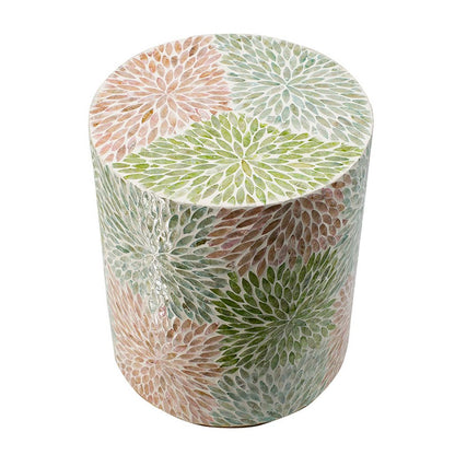 14 Inch Cylindrical Capiz Shell Accent Table Stool, Elegant Leaves Pattern - View 3