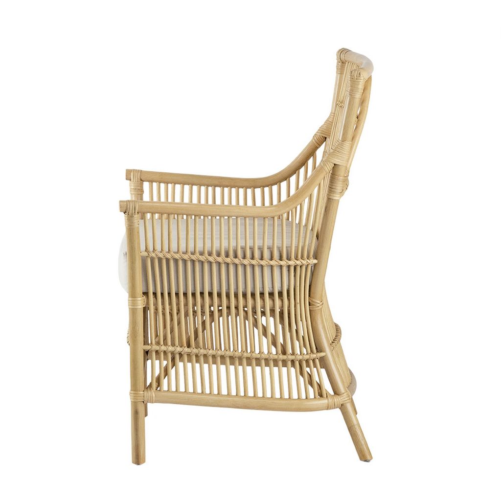 23 Inch Rattan Dining Armchair, White Fabric Padded Seat, Natural Brown - View 3
