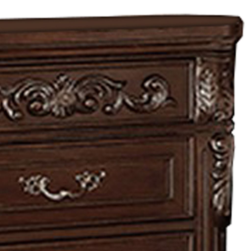 30 Inches 3 Drawer Engraved Wooden Nightstand, Brown - View 4