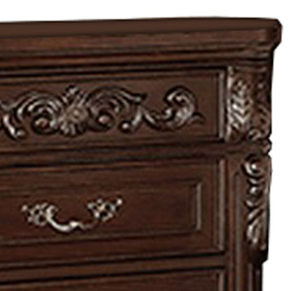 30 Inches 3 Drawer Engraved Wooden Nightstand, Brown - View 4