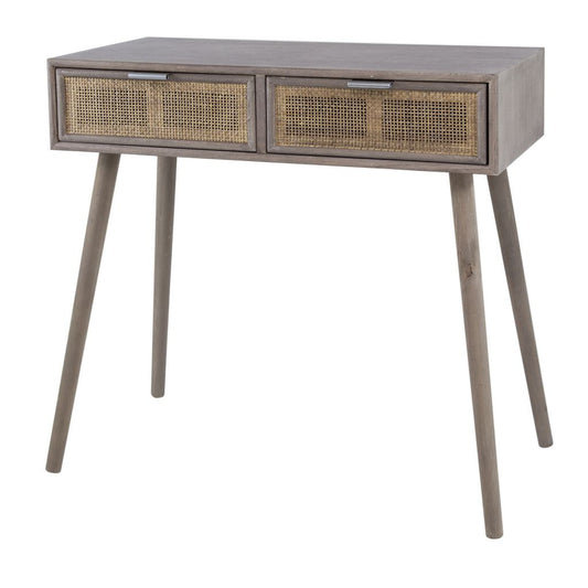 Pia 31 Inch Console Table, Pine Wood, 2 Drawer, Woven Rattan, Rustic Brown