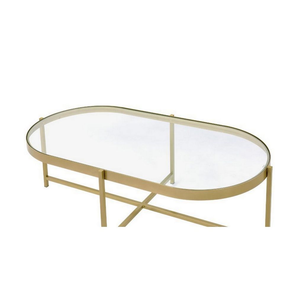 Coffee Table with Oblong Glass Top and Metal Frame, Gold - View 4