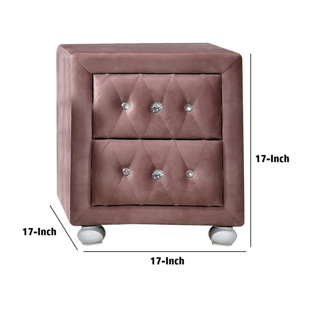 Rex 17 Inch Modern Upholstered Nightstand, 2 Drawer, Crystal Handles, Pink - View 5