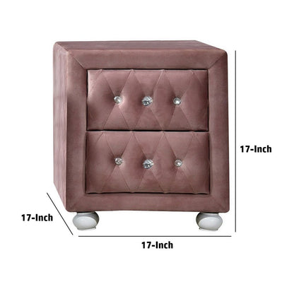 Rex 17 Inch Modern Upholstered Nightstand, 2 Drawer, Crystal Handles, Pink - View 5