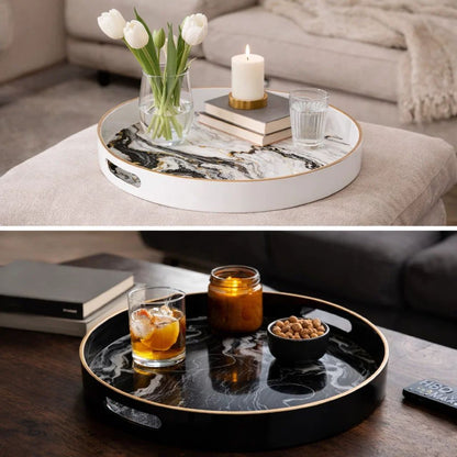 Set of 2 Round Accent Trays, Tabletop Decor, Marbling, Black, White, Gold - View 7