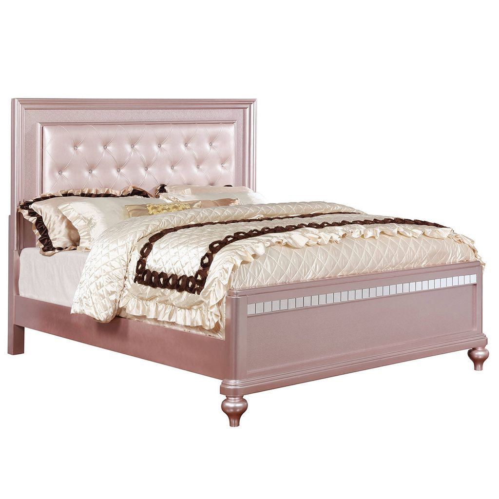 Contemporary Queen Size Wooden Bed With Mirror Trim Details, Pink