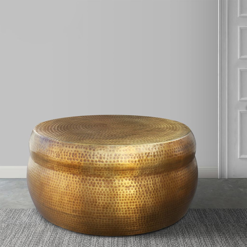 Kvira 32" Artisanal Round Drum Coffee Table, Hammered Embossed Texturing, Aluminum, Antique Brass - View 6