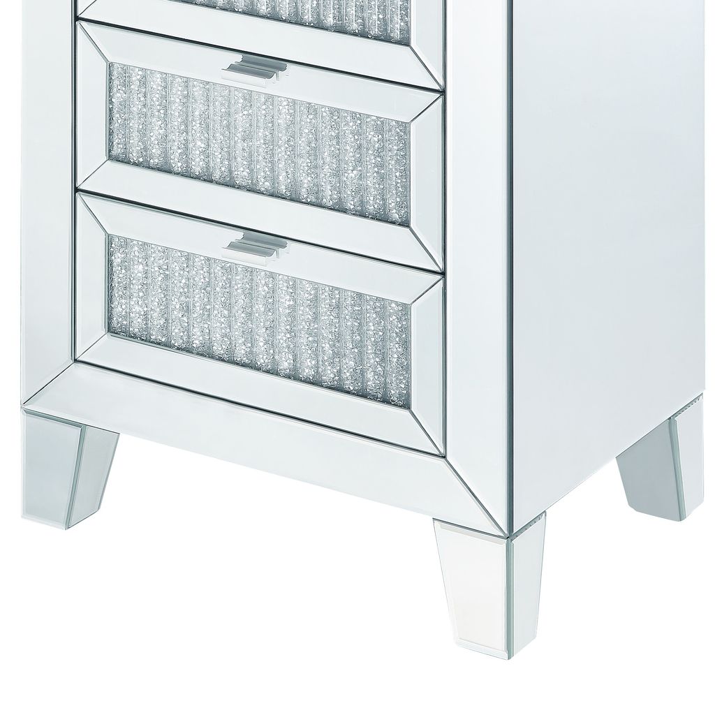 Contemporary Style Wooden Mirrored Night Table with 3 Drawers, Silver - View 4