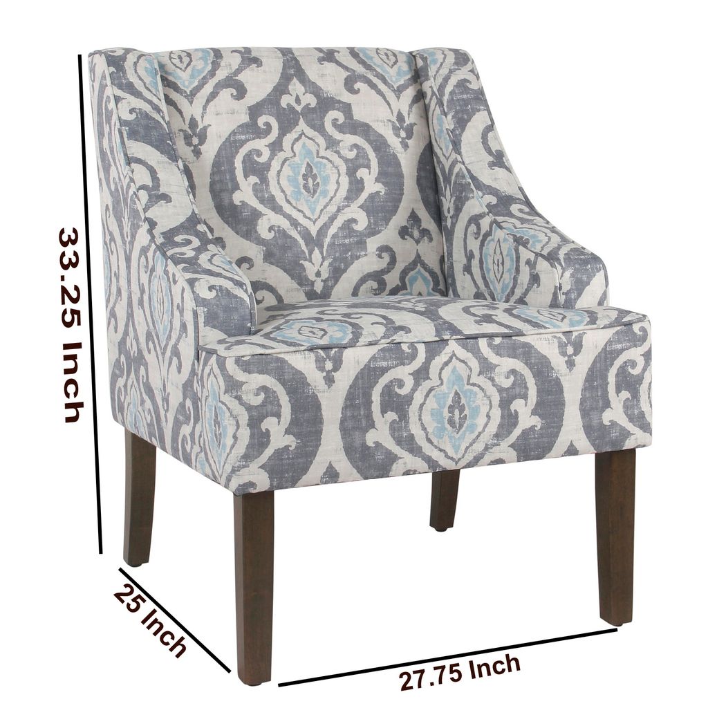 Fabric Upholstered Wooden Accent Chair with Swooping Armrests and Damask Pattern Design, Multicolor - View 6