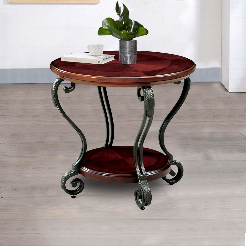 Round Wood and Metal End Table with Scroll Details, Brown - View 6