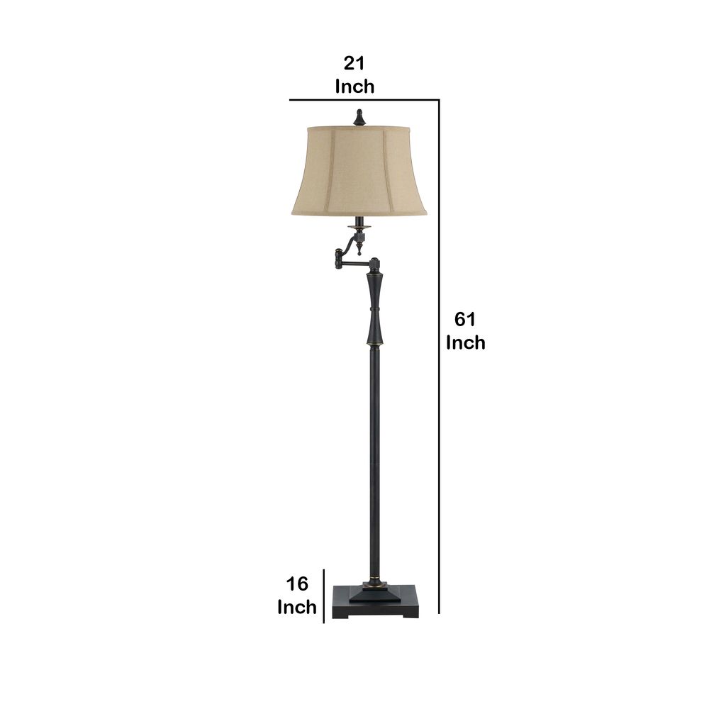 Metal Body Floor Lamp with Fabric Tapered Bell Shade, Beige and Black - View 6