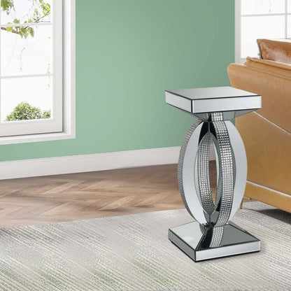 Square Wooden End Table with Curved Body and Rhinestone Accents, Silver - View 7