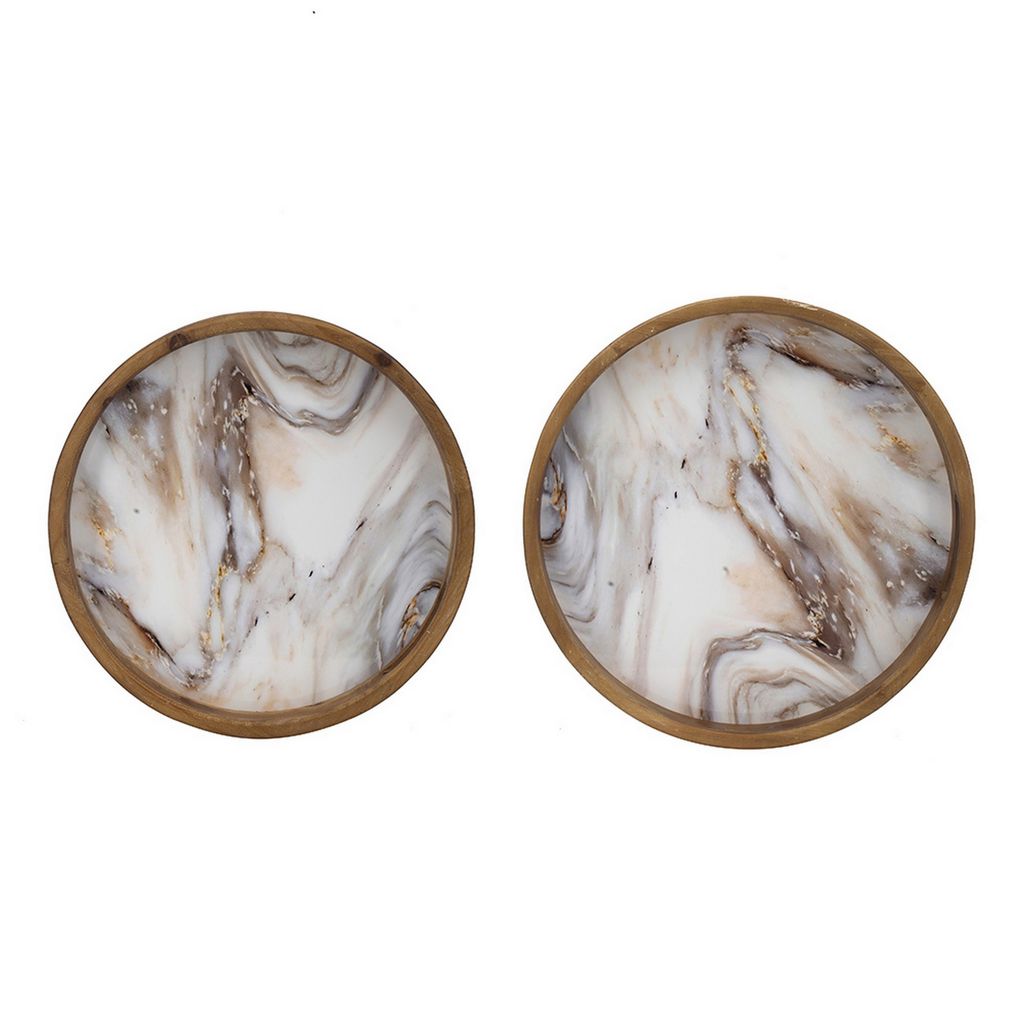 18, 15 Inch Round Decorative Tray, Marble Effect, Brown Fir Wood Frame - View 2
