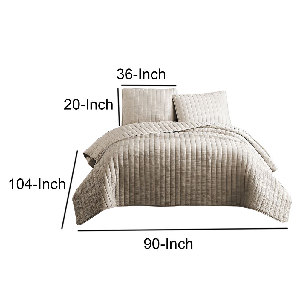 3 Piece Crinkles King Size Coverlet Set with Vertical Stitching, Brown - View 6