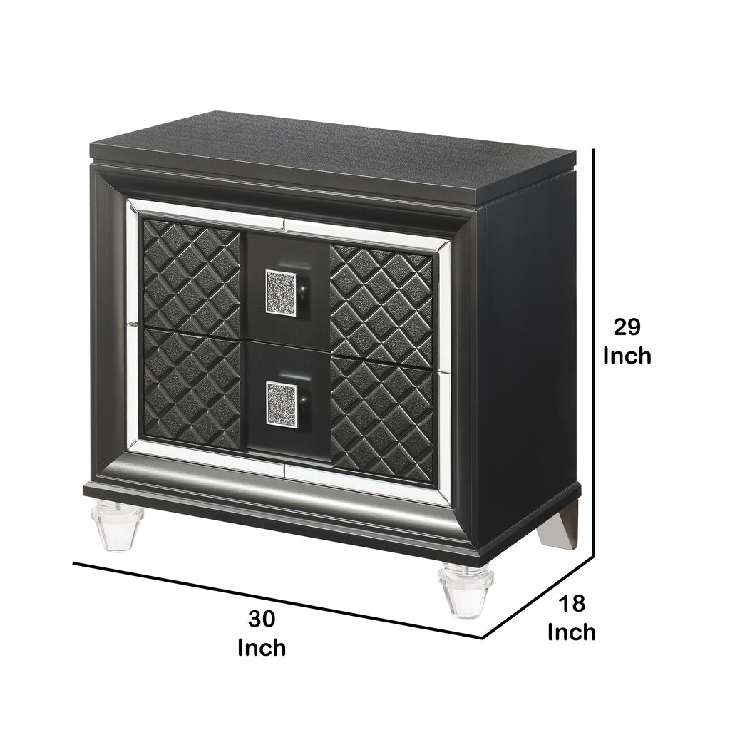 2 Drawer Wooden Nightstand with Mirror Accents and Diamond Pattern, Black - View 5