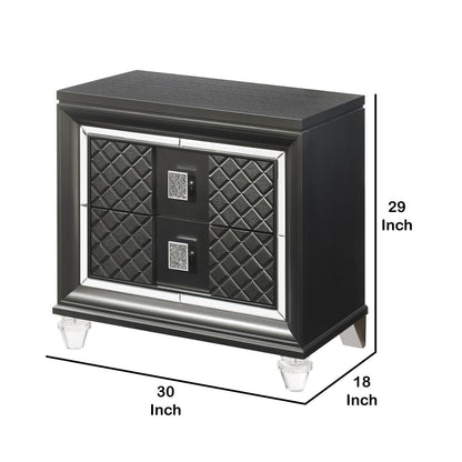 2 Drawer Wooden Nightstand with Mirror Accents and Diamond Pattern, Black - View 5
