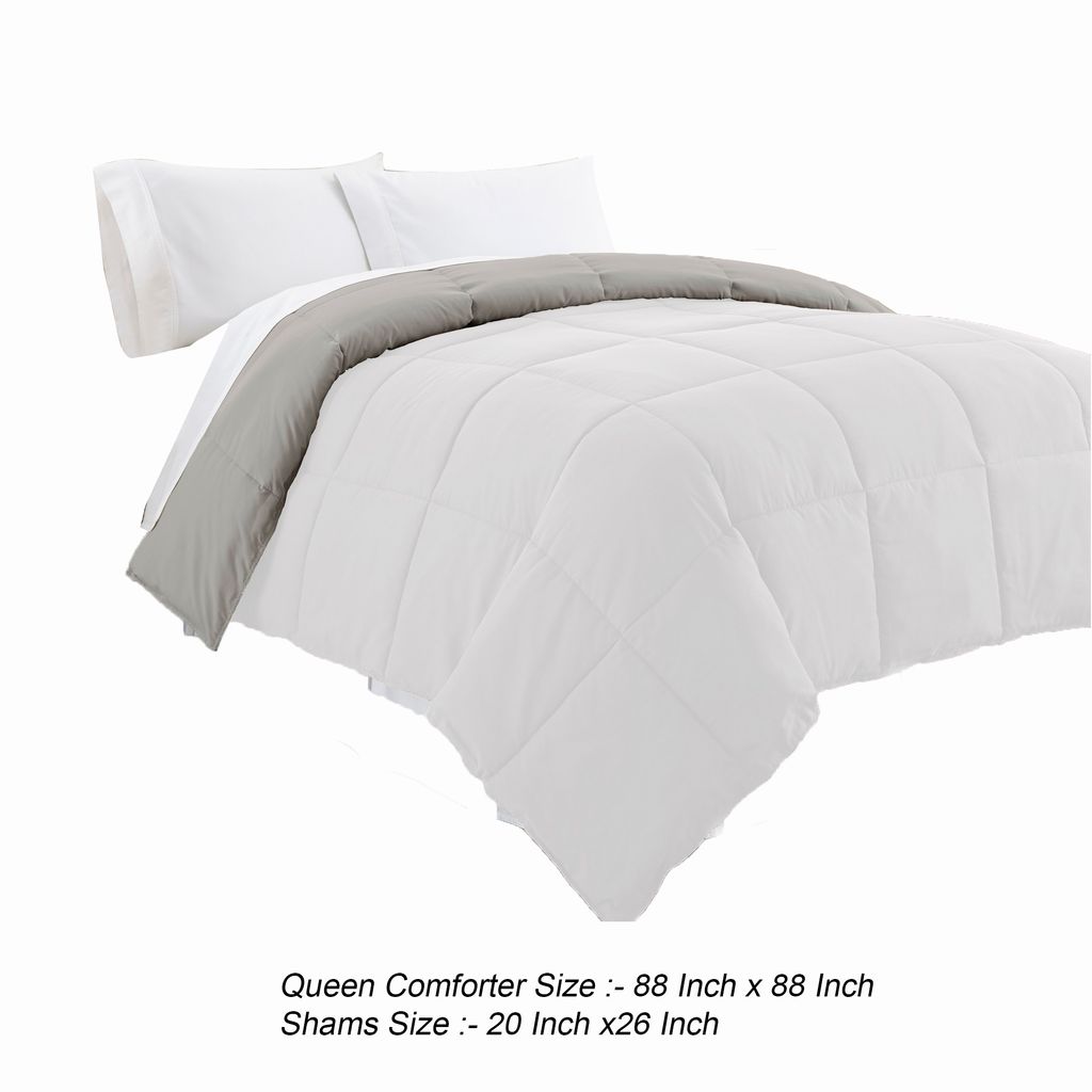 Beth Reversible Microfiber Queen Comforter, Squared Stitching, White, Gray - View 5