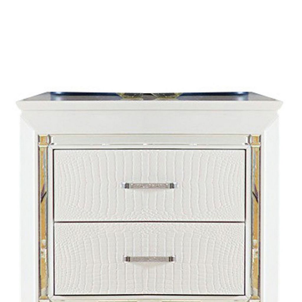 Contemporary Wooden Nightstand with 2 drawers and LED Lighting, White - View 2