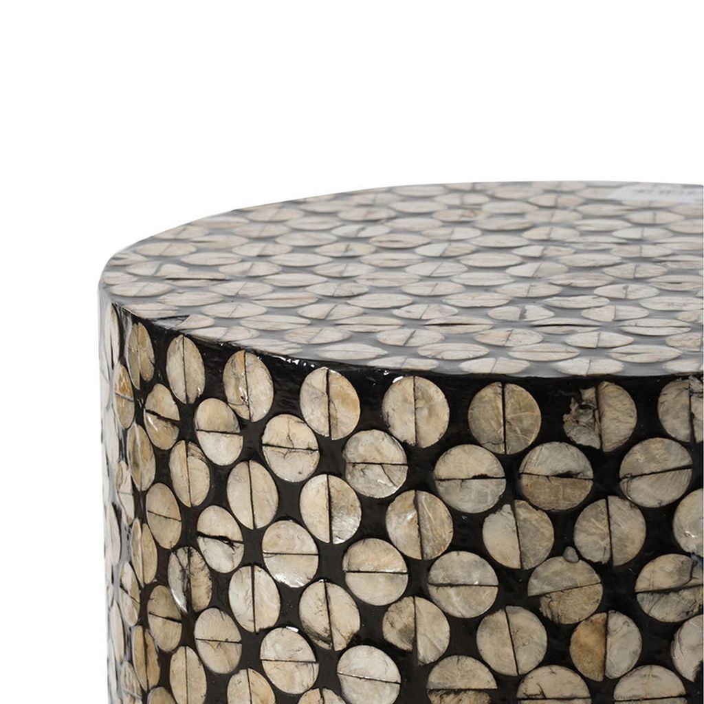 20 Inch Stool Table, Round Wood Design, Modern, Capiz Inlay, Black, White - View 3