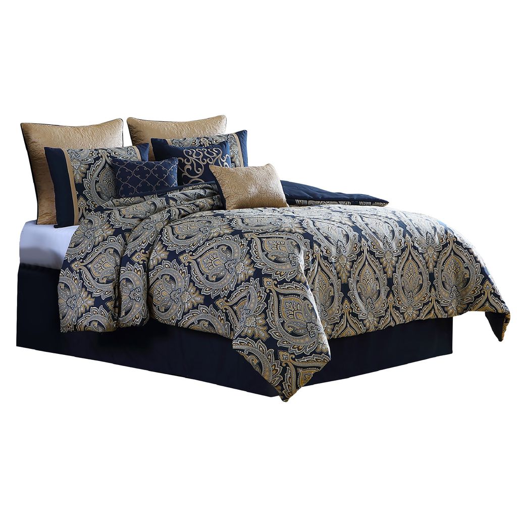 Nova 9 Piece Polyester Queen Comforter Set, Gold Damask Print, Navy Blue - View 2