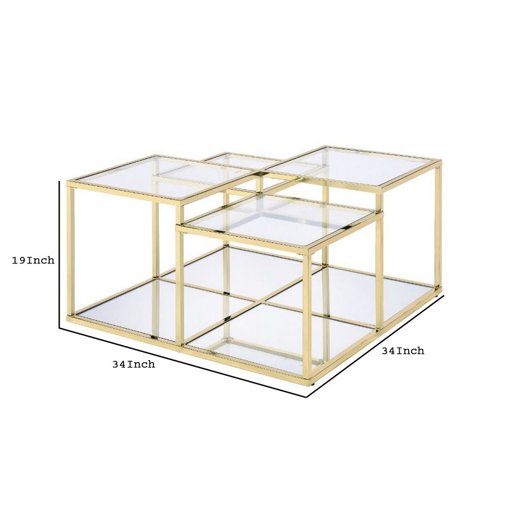 Coffee Table with Glass Top and Tubular Frame, Gold - View 6