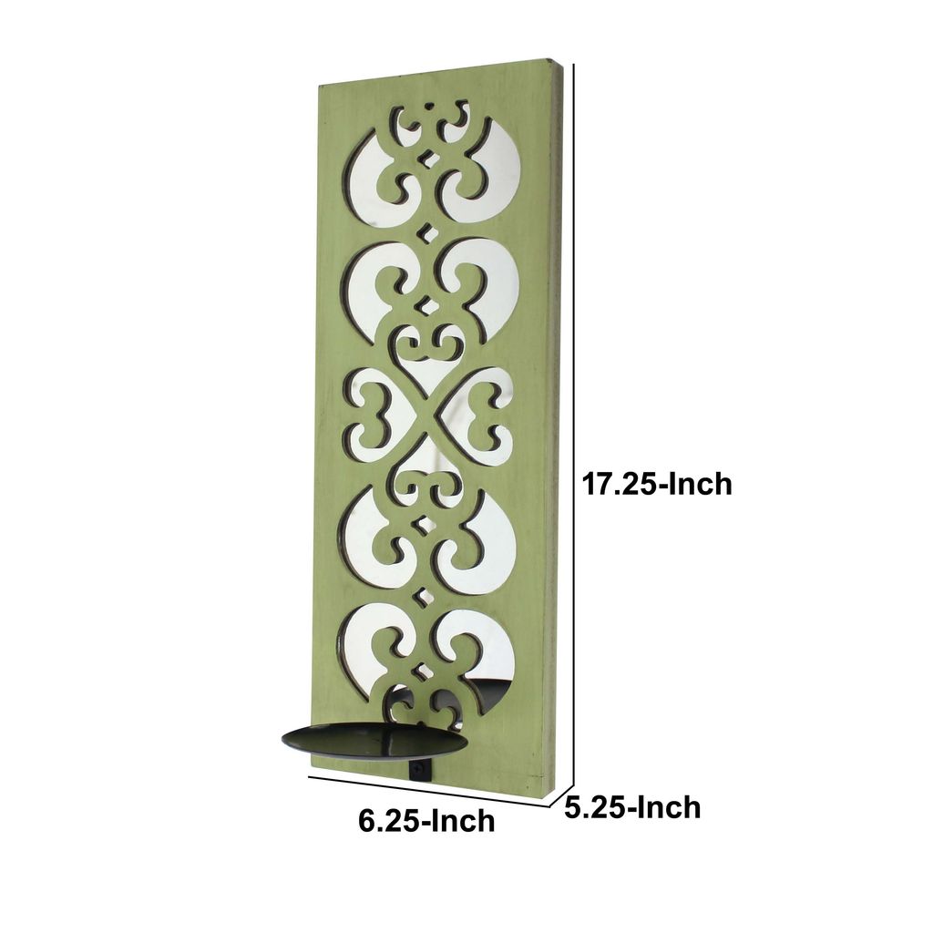 Quatrefoil Pattern Wooden Candle holder Set of 2 with Mirror Insert, Green - View 5