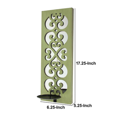 Quatrefoil Pattern Wooden Candle holder Set of 2 with Mirror Insert, Green - View 5