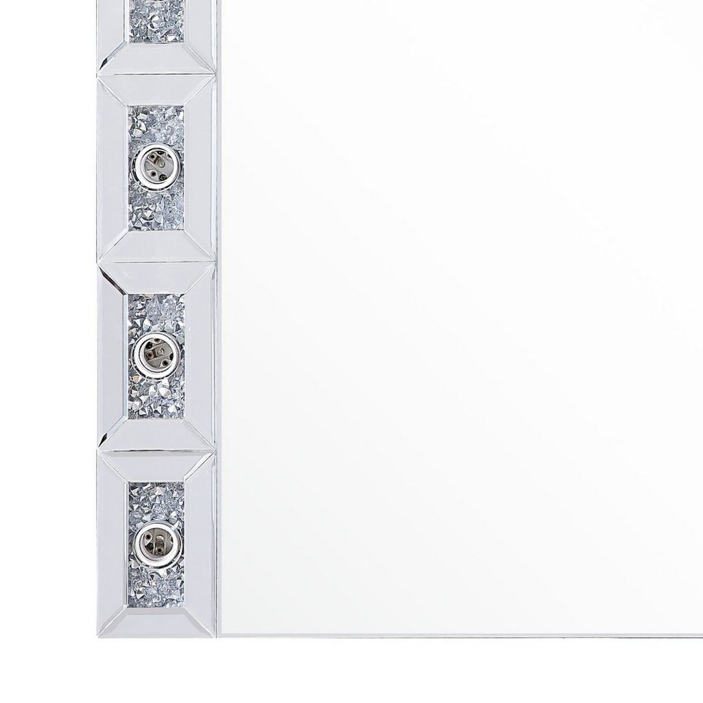 Mirror Panel Frame Wall Decor with Light Function and Faux Diamond, Silver - View 4