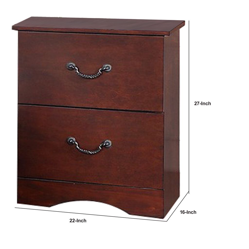 Bran 27 Inch 2 Drawer Nightstand, Pine Wood, Grain Details, Cherry Brown - View 6