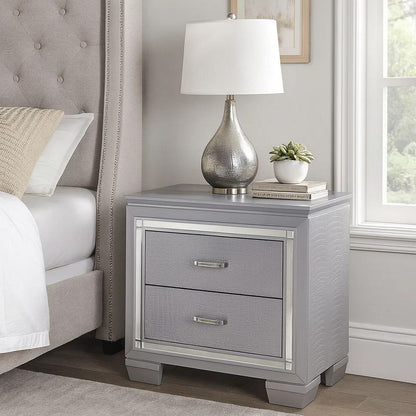 Two Drawer Wooden Nightstand with Textured Details and Mirror Accents, Gray - View 7