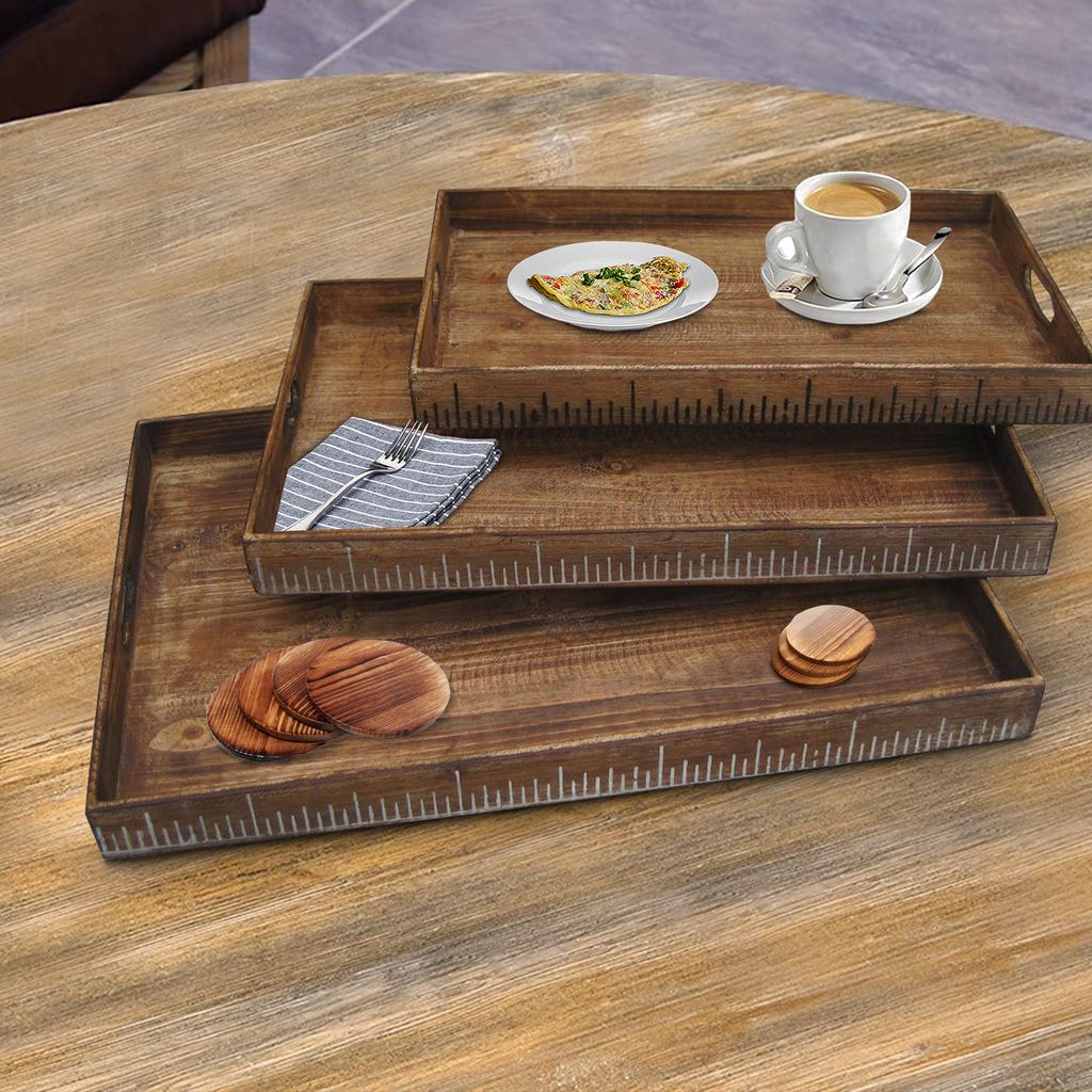 Wooden Tray with Grain Details and Cut Out Handles, Set of 3, Brown - View 6