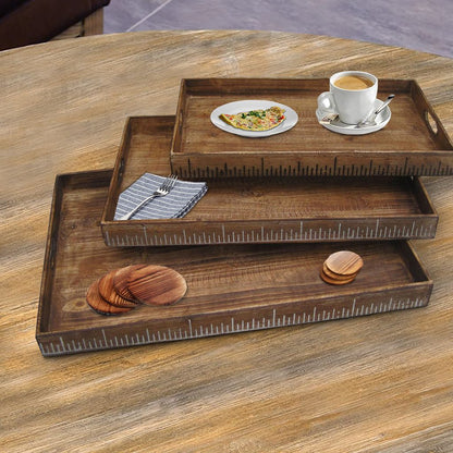 Wooden Tray with Grain Details and Cut Out Handles, Set of 3, Brown - View 6