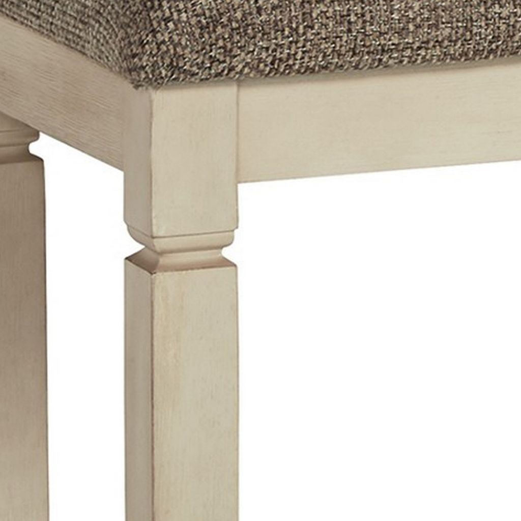 65 Inch Two Tone Dining Bench, Woven Fabric Cushion, Vintage White Wood - View 3