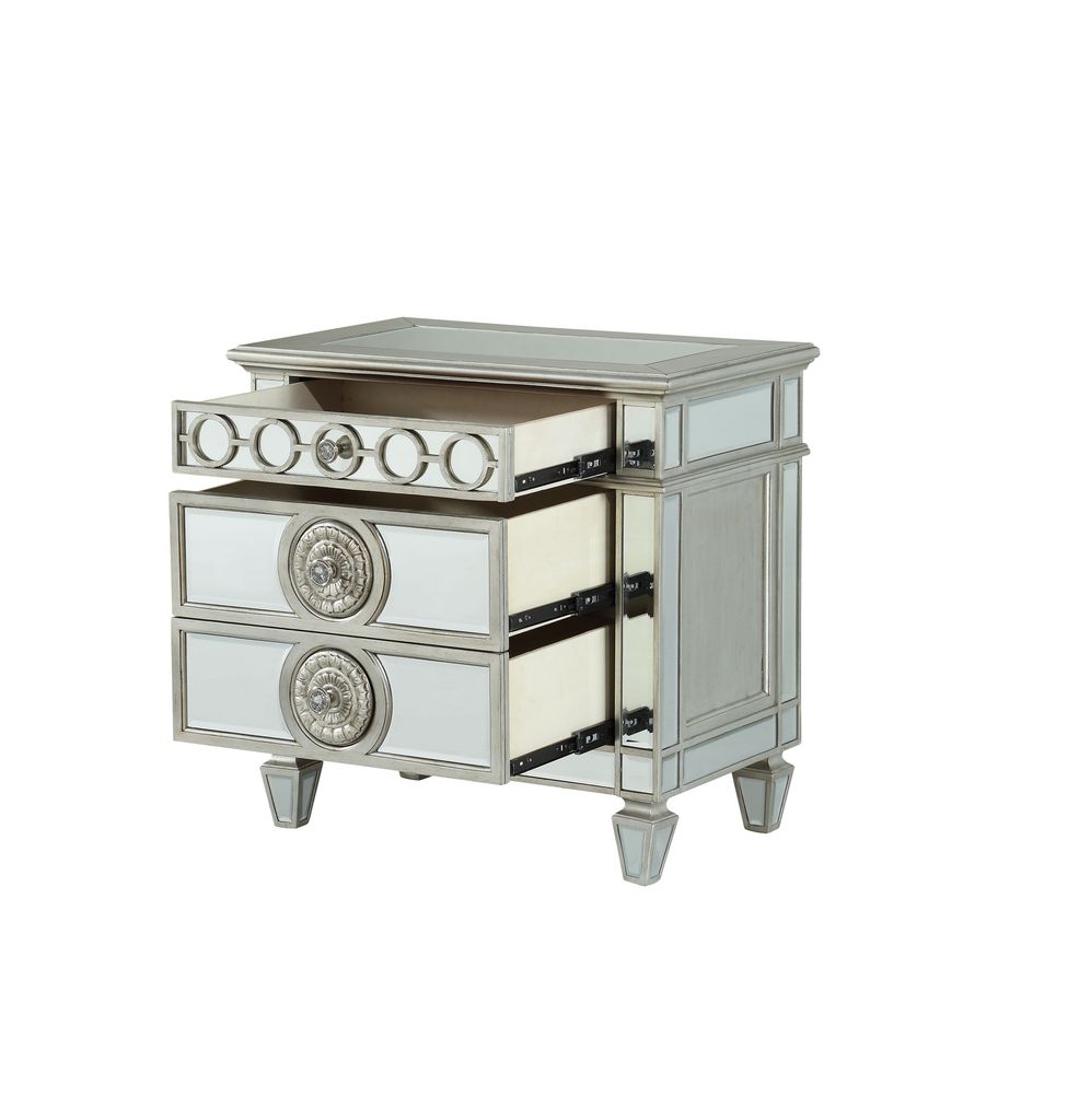 Mirror Accented Wooden Nightstand with 3 Storage Drawers, Silver - View 3
