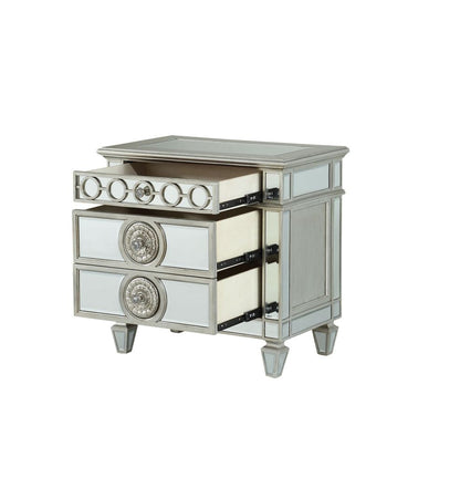 Mirror Accented Wooden Nightstand with 3 Storage Drawers, Silver - View 3