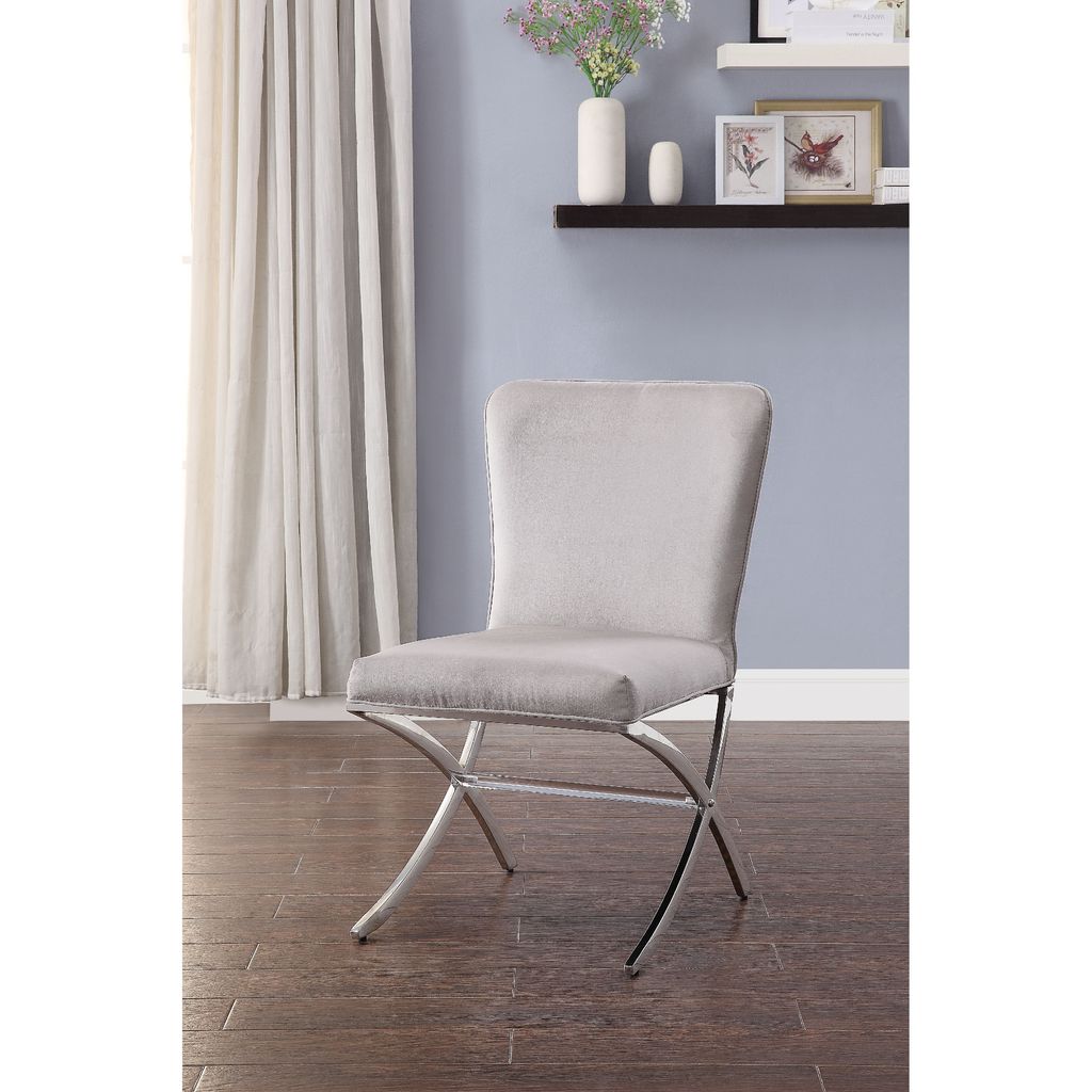 Velvet Upholstered Metal Side Chair with X Style Base, Light Gray and Silver, Set of Two - View 7