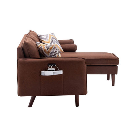 Ranon 70 Inch Sectional Chaise Sofa, Pillows, USB Ports, Side Pockets Brown - View 3