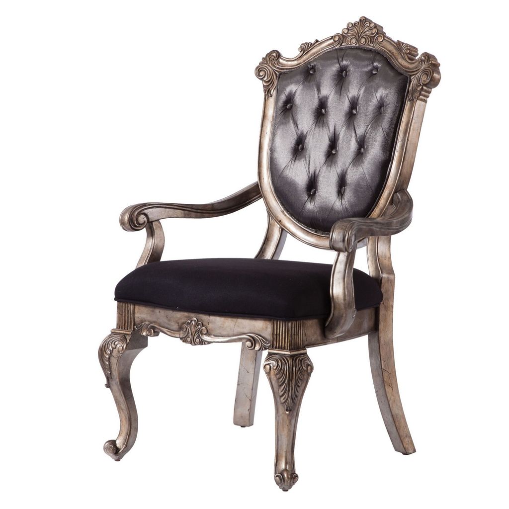Wooden Arm Chair with Button Tufted Padded Backrest,Set of 2,Silver and Gray - View 3
