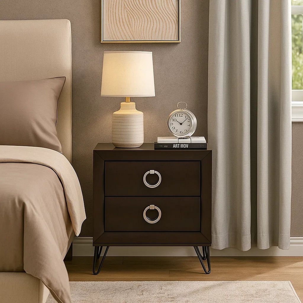 2 Drawer Wooden Nightstand with Metal Ring Handles and Harpin Legs, Brown - View 7