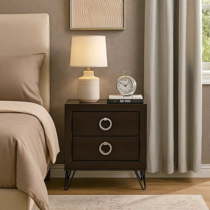 2 Drawer Wooden Nightstand with Metal Ring Handles and Harpin Legs, Brown - View 7