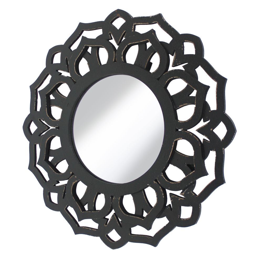 Wooden Mirror Blooming Lotus Wall Decor Set of 2 with Floral Engraving, Black