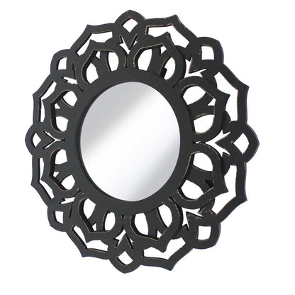Wooden Mirror Blooming Lotus Wall Decor Set of 2 with Floral Engraving, Black